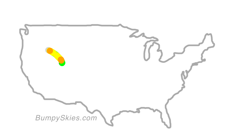Map of continental US with illustrated flight path and turbulence forecast (described in text below)