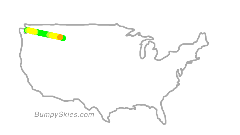 Map of continental US with illustrated flight path and turbulence forecast (described in text below)