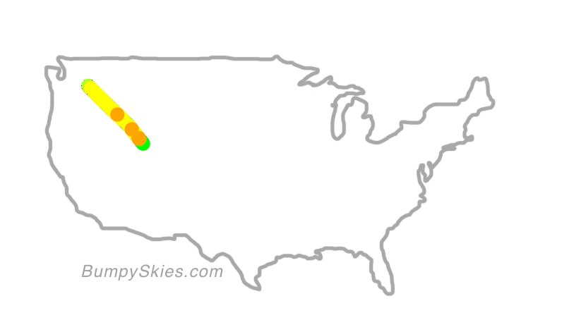 Map of continental US with illustrated flight path and turbulence forecast (described in text below)