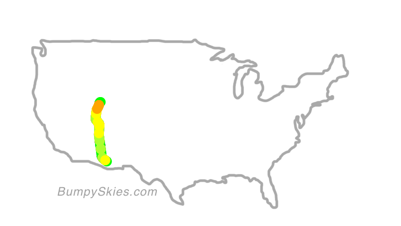 Map of continental US with illustrated flight path and turbulence forecast (described in text below)