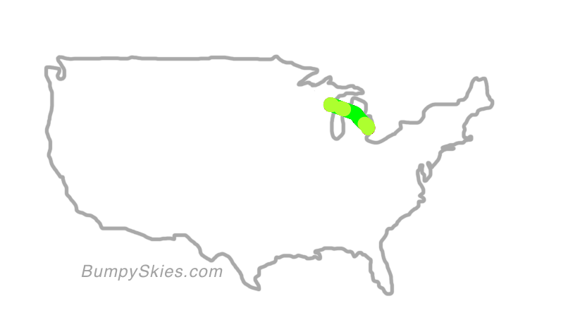 Map of continental US with illustrated flight path and turbulence forecast (described in text below)