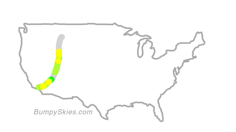Map of continental US with illustrated flight path and turbulence forecast (described in text below)