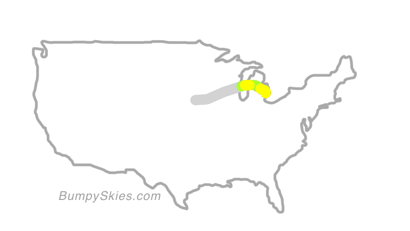 Map of continental US with illustrated flight path and turbulence forecast (described in text below)