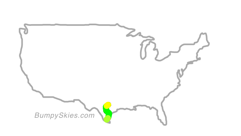 Map of continental US with illustrated flight path and turbulence forecast (described in text below)