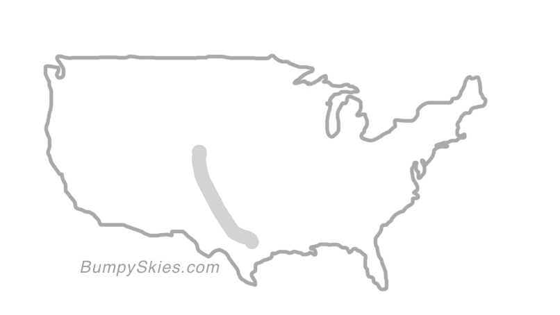 Map of continental US with illustrated flight path and turbulence forecast (described in text below)