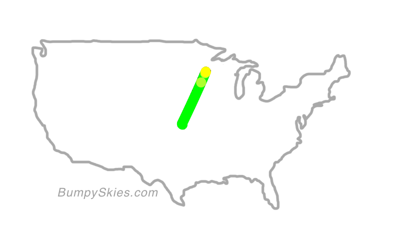 Map of continental US with illustrated flight path and turbulence forecast (described in text below)