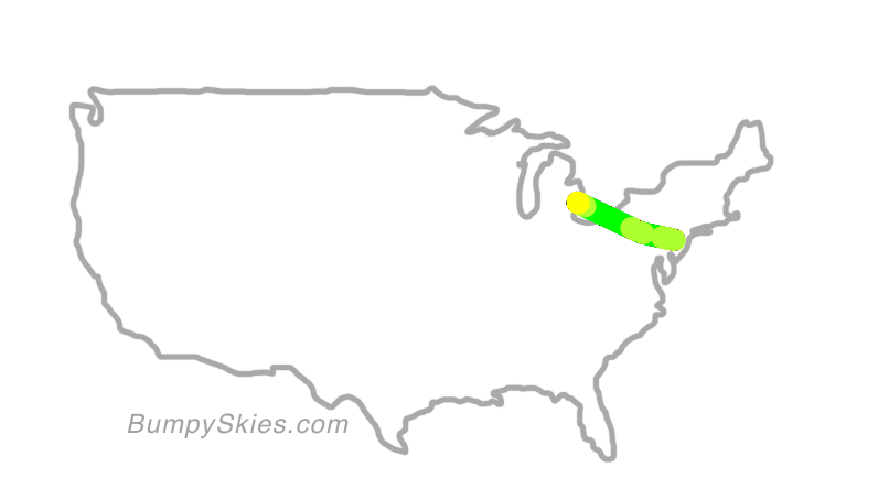 Map of continental US with illustrated flight path and turbulence forecast (described in text below)