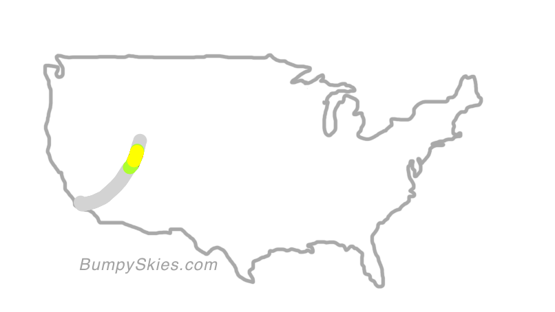 Map of continental US with illustrated flight path and turbulence forecast (described in text below)