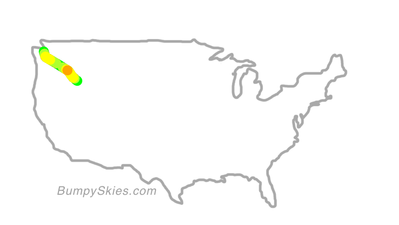 Map of continental US with illustrated flight path and turbulence forecast (described in text below)