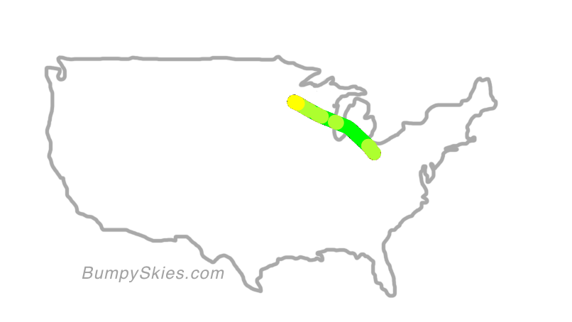 Map of continental US with illustrated flight path and turbulence forecast (described in text below)