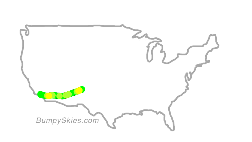 Map of continental US with illustrated flight path and turbulence forecast (described in text below)