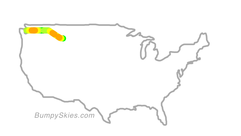 Map of continental US with illustrated flight path and turbulence forecast (described in text below)