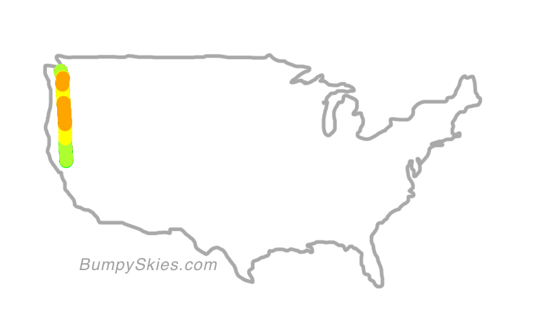 Map of continental US with illustrated flight path and turbulence forecast (described in text below)
