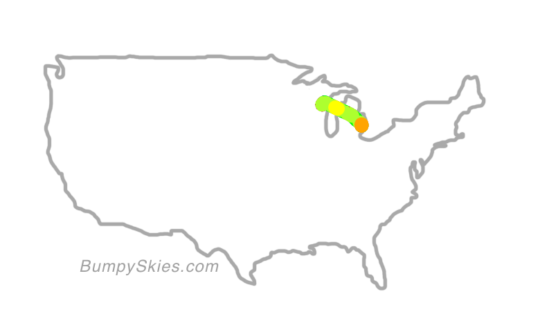 Map of continental US with illustrated flight path and turbulence forecast (described in text below)