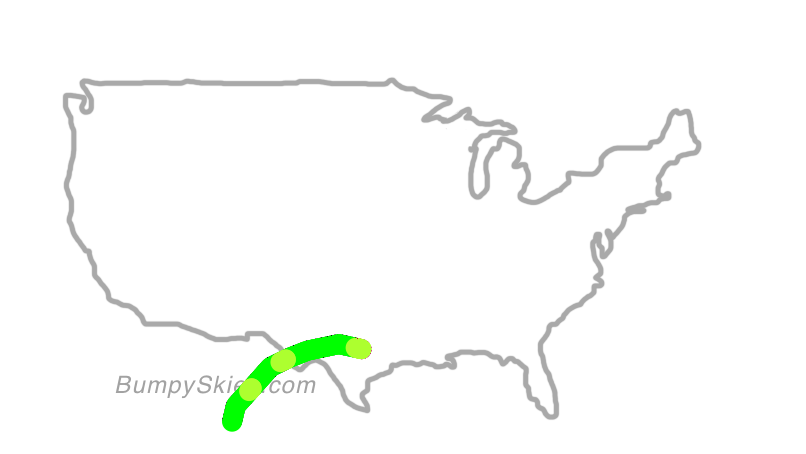 Map of continental US with illustrated flight path and turbulence forecast (described in text below)