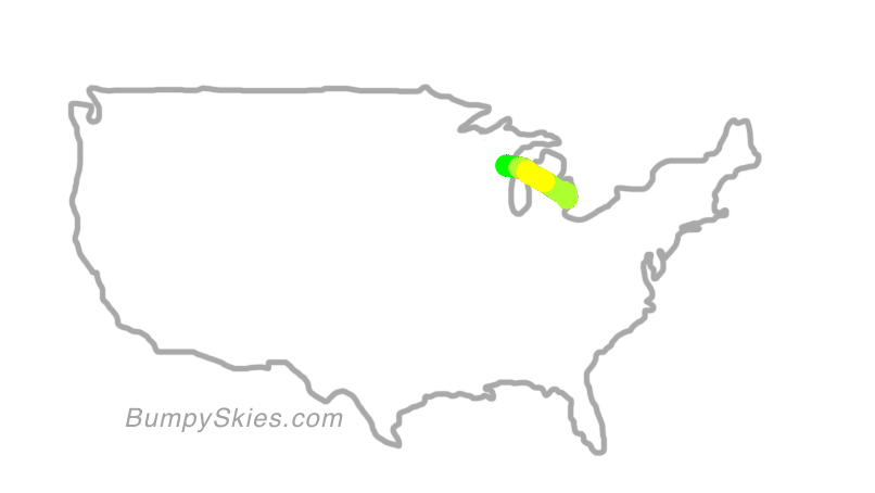 Map of continental US with illustrated flight path and turbulence forecast (described in text below)