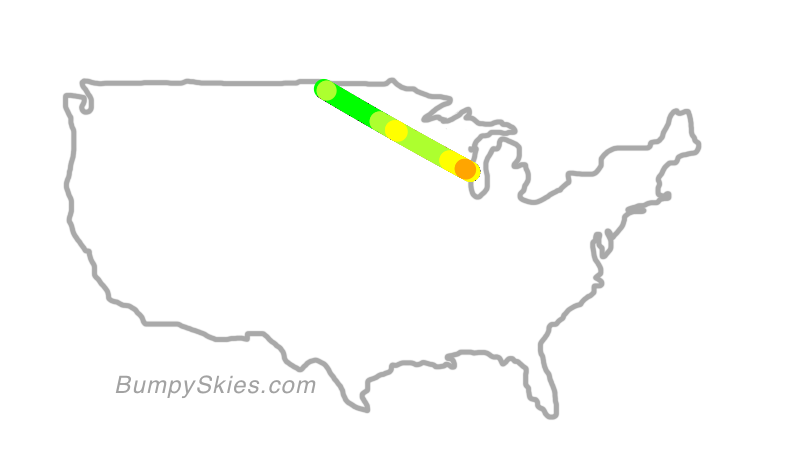 Map of continental US with illustrated flight path and turbulence forecast (described in text below)