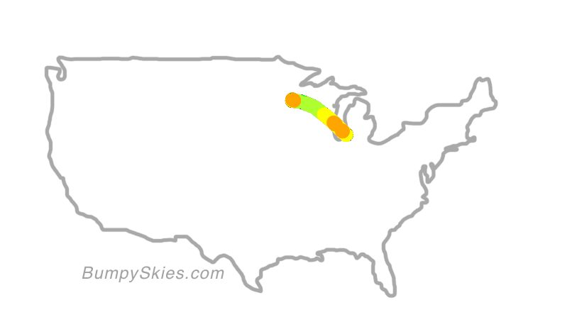 Map of continental US with illustrated flight path and turbulence forecast (described in text below)