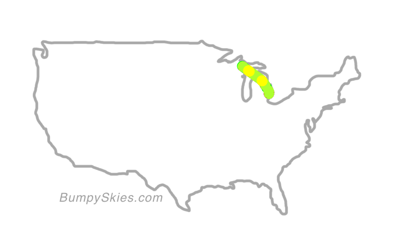 Map of continental US with illustrated flight path and turbulence forecast (described in text below)