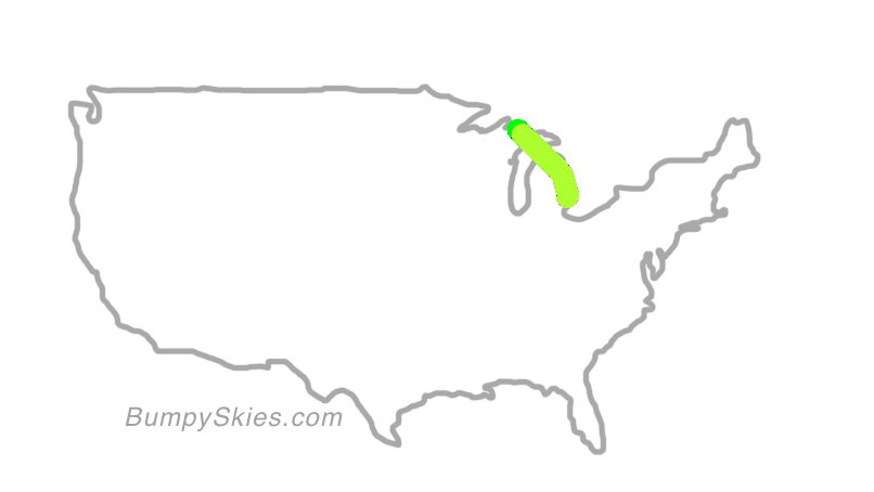 Map of continental US with illustrated flight path and turbulence forecast (described in text below)