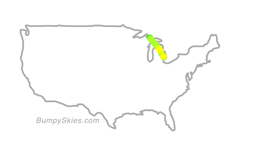 Map of continental US with illustrated flight path and turbulence forecast (described in text below)