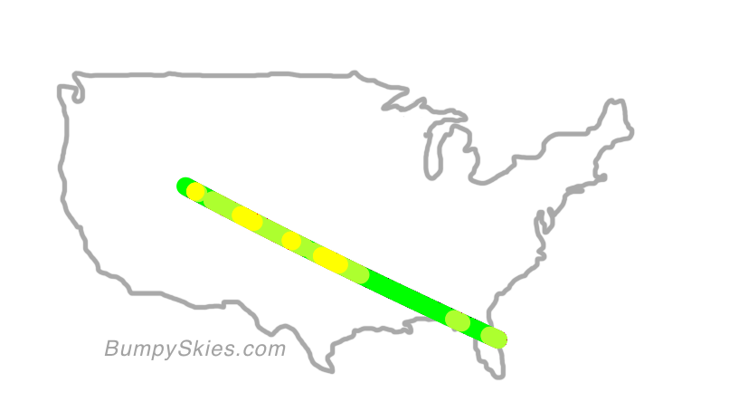 Map of continental US with illustrated flight path and turbulence forecast (described in text below)