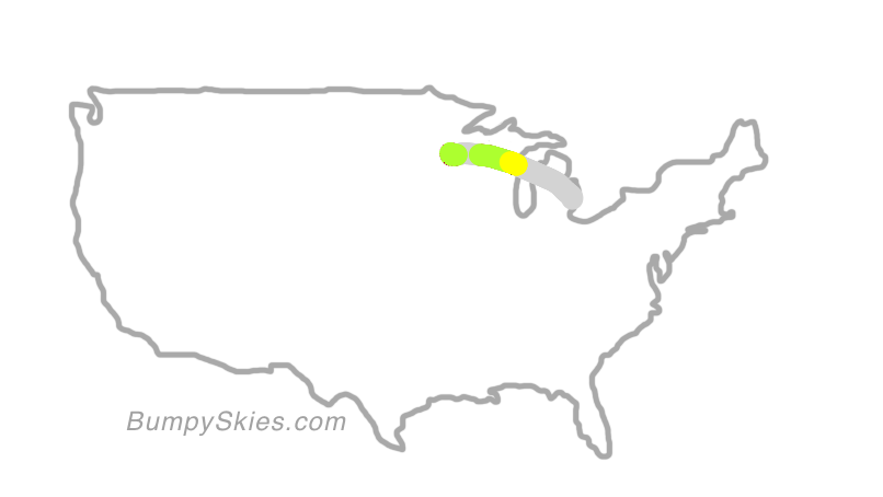 Map of continental US with illustrated flight path and turbulence forecast (described in text below)