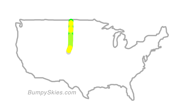 Map of continental US with illustrated flight path and turbulence forecast (described in text below)