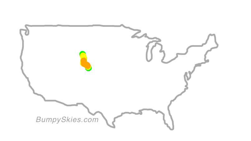 Map of continental US with illustrated flight path and turbulence forecast (described in text below)
