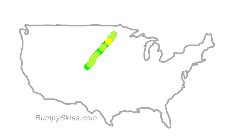 Map of continental US with illustrated flight path and turbulence forecast (described in text below)