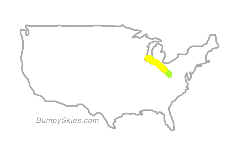 Map of continental US with illustrated flight path and turbulence forecast (described in text below)