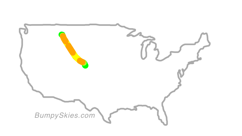 Map of continental US with illustrated flight path and turbulence forecast (described in text below)