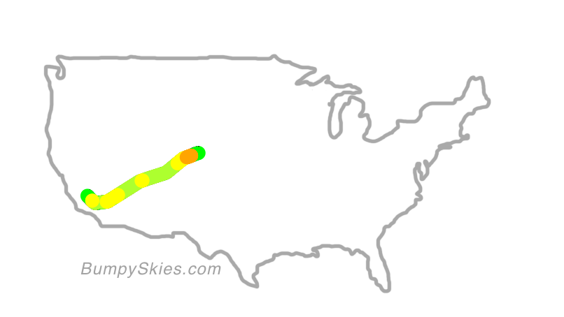 Map of continental US with illustrated flight path and turbulence forecast (described in text below)