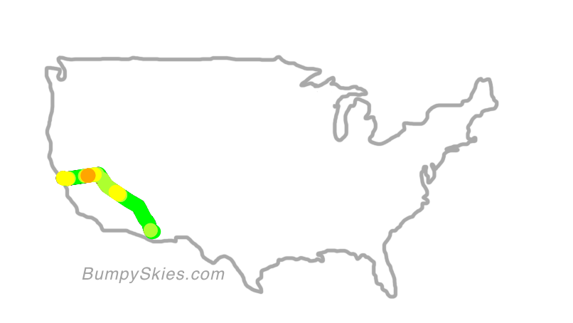 Map of continental US with illustrated flight path and turbulence forecast (described in text below)