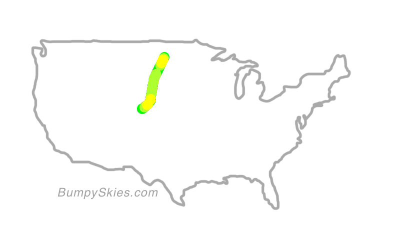 Map of continental US with illustrated flight path and turbulence forecast (described in text below)