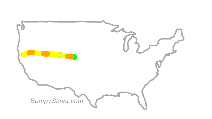 Map of continental US with illustrated flight path and turbulence forecast (described in text below)