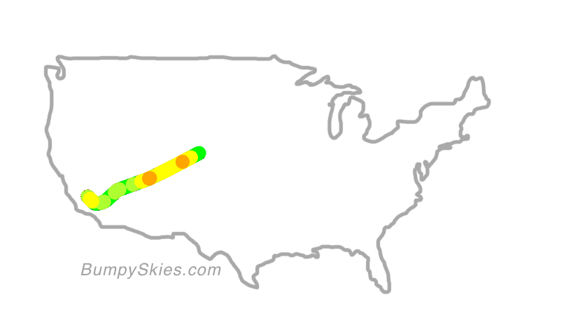 Map of continental US with illustrated flight path and turbulence forecast (described in text below)