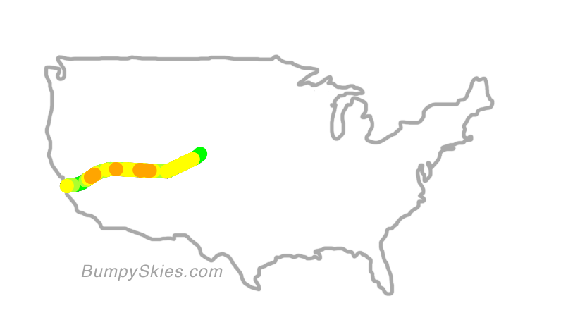 Map of continental US with illustrated flight path and turbulence forecast (described in text below)