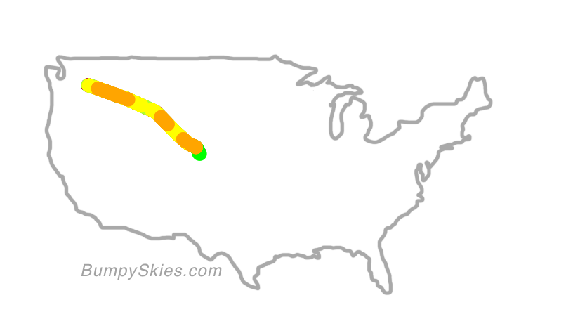 Map of continental US with illustrated flight path and turbulence forecast (described in text below)