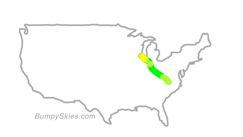 Map of continental US with illustrated flight path and turbulence forecast (described in text below)