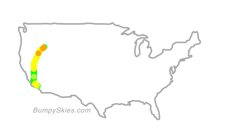 Map of continental US with illustrated flight path and turbulence forecast (described in text below)