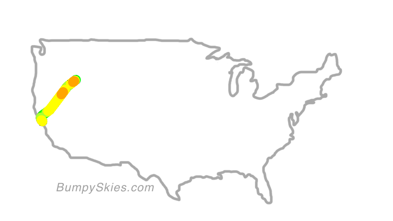 Map of continental US with illustrated flight path and turbulence forecast (described in text below)