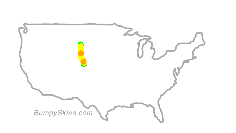 Map of continental US with illustrated flight path and turbulence forecast (described in text below)