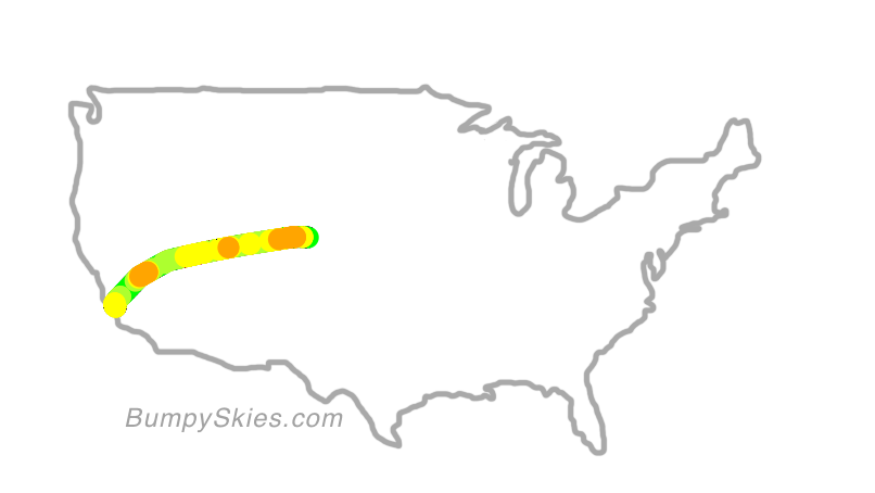 Map of continental US with illustrated flight path and turbulence forecast (described in text below)