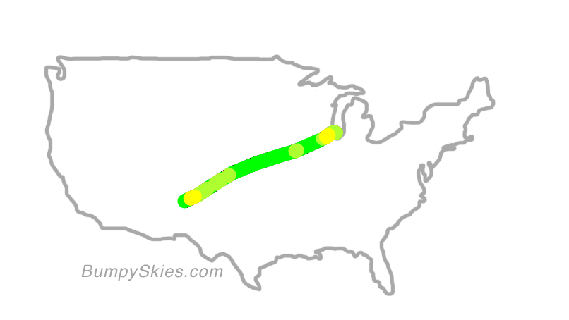 Map of continental US with illustrated flight path and turbulence forecast (described in text below)