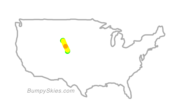 Map of continental US with illustrated flight path and turbulence forecast (described in text below)