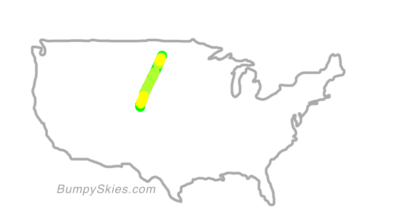 Map of continental US with illustrated flight path and turbulence forecast (described in text below)