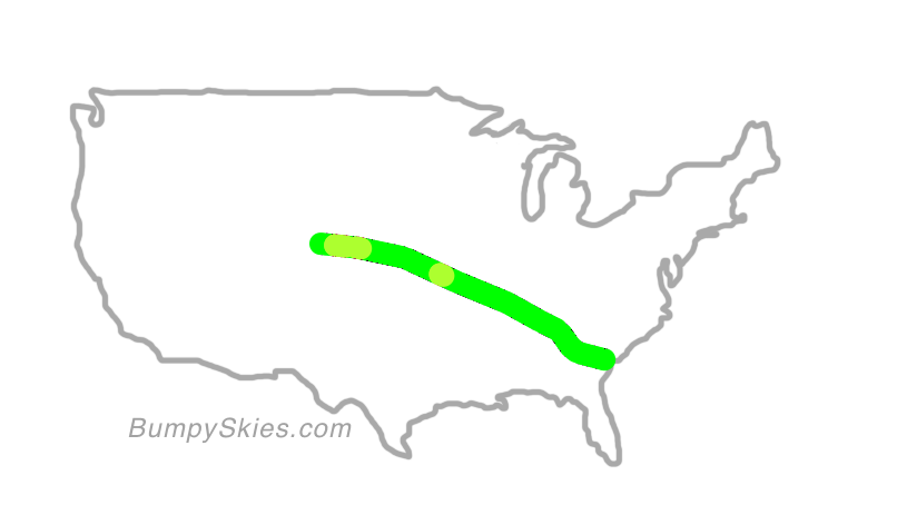 Map of continental US with illustrated flight path and turbulence forecast (described in text below)