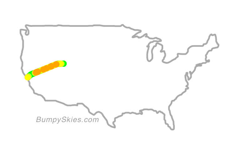 Map of continental US with illustrated flight path and turbulence forecast (described in text below)