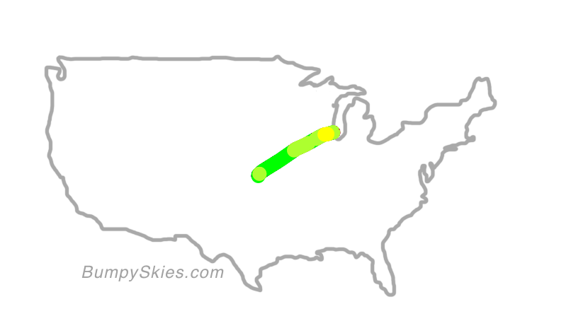 Map of continental US with illustrated flight path and turbulence forecast (described in text below)